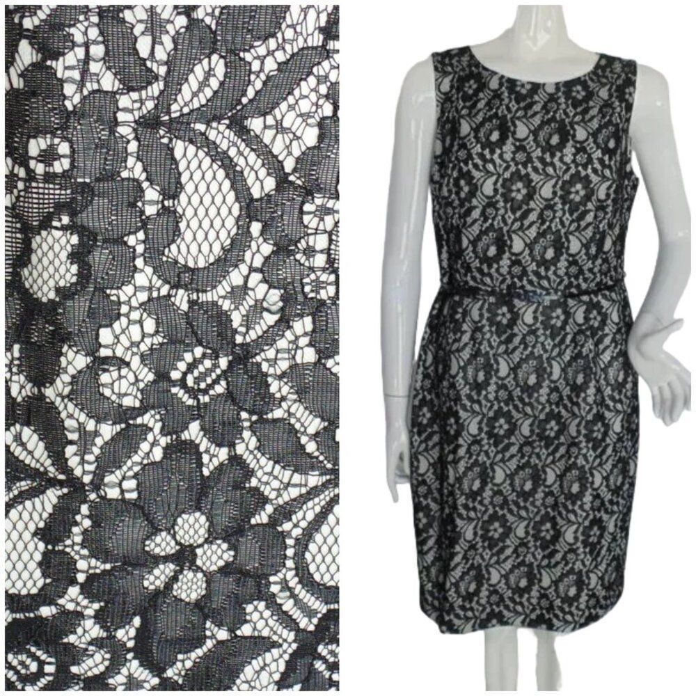 CALVIN KLEIN Dress, 12, White/Black Floral Lace, Sleeveless, Back Zipper, Career